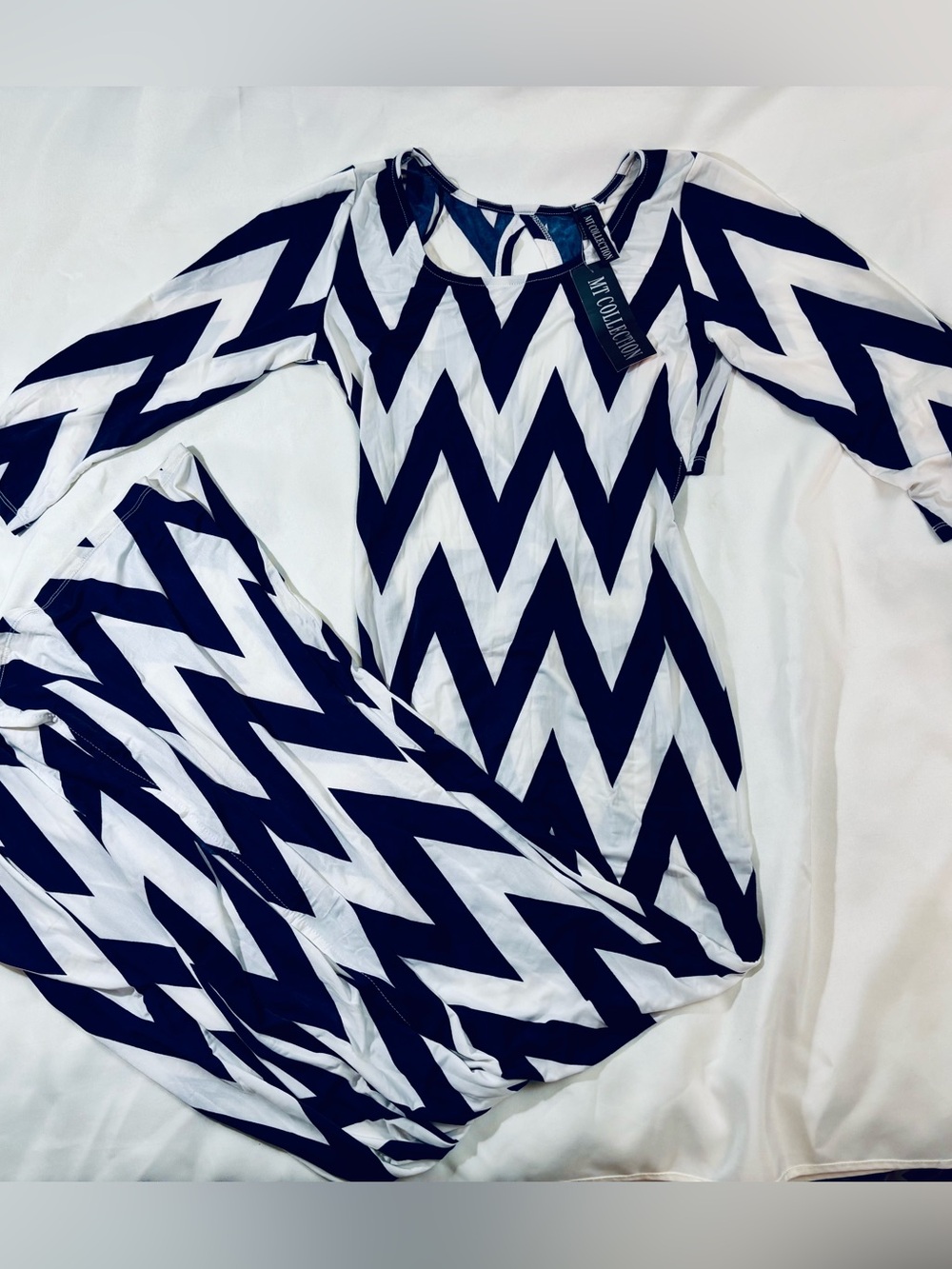 NWT MT Collection Navy Blue White Chevron Print Tunic Mini Dress Stretch